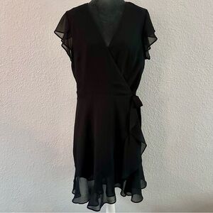 Banana Republic Black Chiffon Wrap Dress Size 10 Flutter Sleeve Ruffle Hem